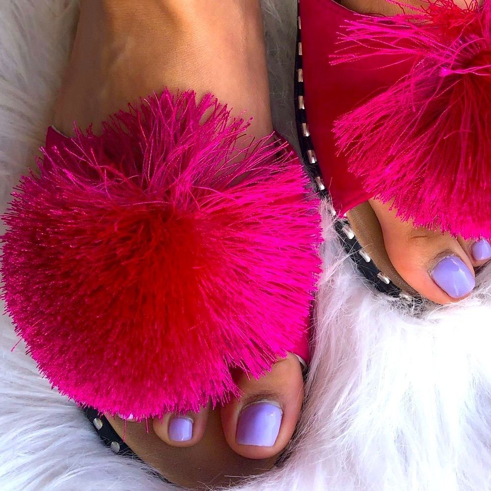 Restock Verano Rio Pink Pom Pom Silver Stud Slip On Mule Sandal